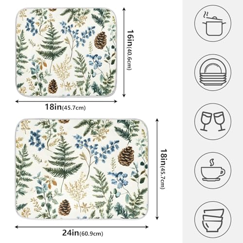 Vintage Herbs Fern Leaves Floral Plant02 Dish Drying Mat for Kitchen Counter Absorbent Microfiber Large Drying Pad Dish Mats for Kitchen Countertops 18 x 24 Inch