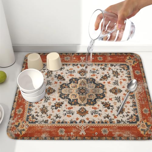 Ethnic Boho Dish Drying Mat Rust Coral Floral Decorative Dishes Pad 16x18 Inch Absorbent Fast Dry Drainer Rack Mats for Kitchen Countertop