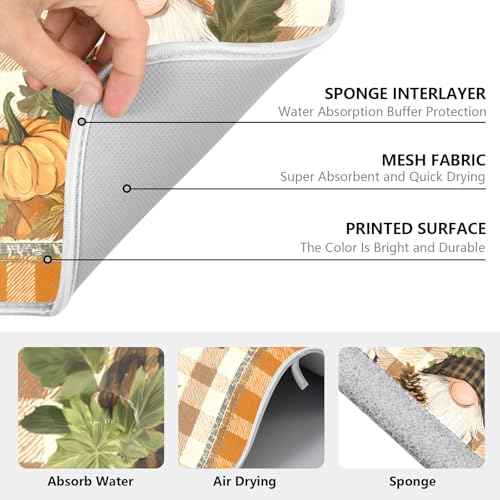 Fall Pumpkin Gnomes Maple Leaves Autumn2 Dish Drying Mat for Kitchen Counter Absorbent Microfiber Small Drying Pad Dish Mats for Kitchen Countertops 16 x 18 Inch