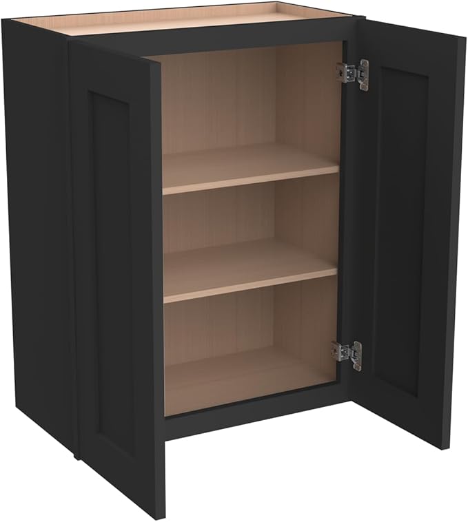 Wall-Mounted Cabinet – Solid Wood Shaker Style Medicine Cabinet with Adjustable Shelves & Soft-Close Doors for Bathroom, Kitchen, and Office Storage (Charcoal Black, 24" W x 12" D x 30" H)