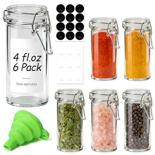 Small Glass Spice Jars with Airtight Lids 4oz 6 Pack with Labels (6 Count)