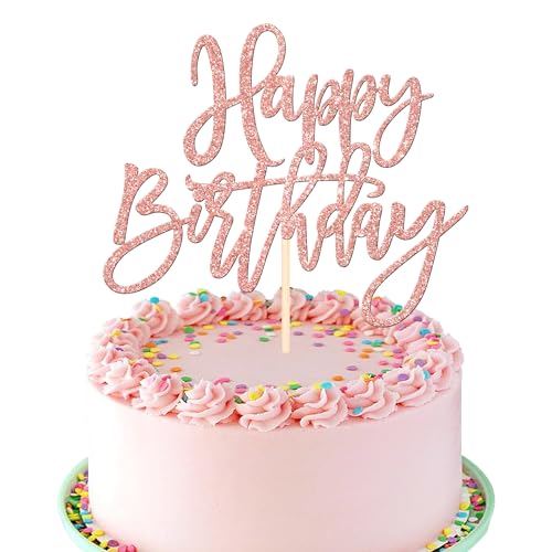 1 PCS Happy Birthday Cake Topper Glitter Happy Birthday Cake Pick for Celebrating Happy Birthday Anniversary Theme Party Cake Decorations Supplies Rose Gold