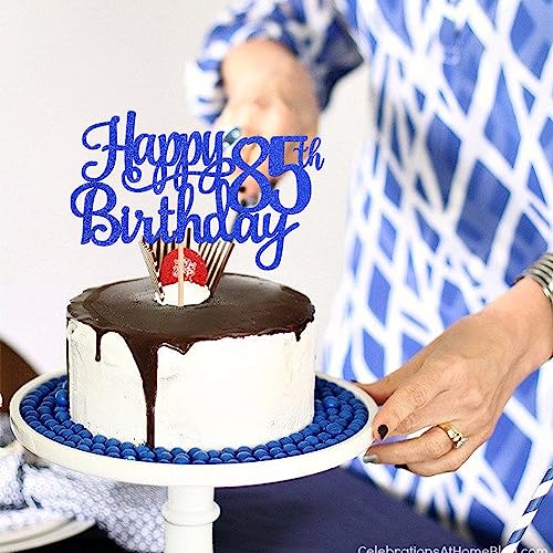 1 PCS Happy 85th Birthday Cake Topper Glitter Cheers to 85 Years Birthday Cake Pick Eighty Five 85 Fabulous Cake Decoration for Happy 85th Birthday Theme Party Decorations Supplies Blue