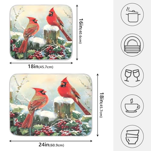 Winter Birds Snowflakes Berry Dish Drying Mat for Kitchen Counter Absorbent Microfiber Large Christmas Drying Pad Dish Mats for Kitchen Countertops 18 x 24 Inch