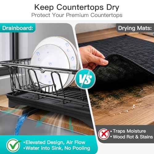 Black Dish Drying Rack in Sink with Drainboard and Utensil Holder