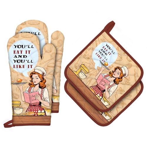 Retro Housewife Oven Mitts and Pot Holders Set (4 Count)