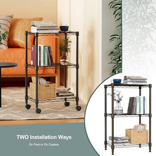 3 Tier Shelf Metal Storage Shelves Wire Rack Closet Organizers with Wheel for Garage Kitchen Bathroom Laundry Brown 11.8" D x 17.7" W x 29.8" H (3 Count)