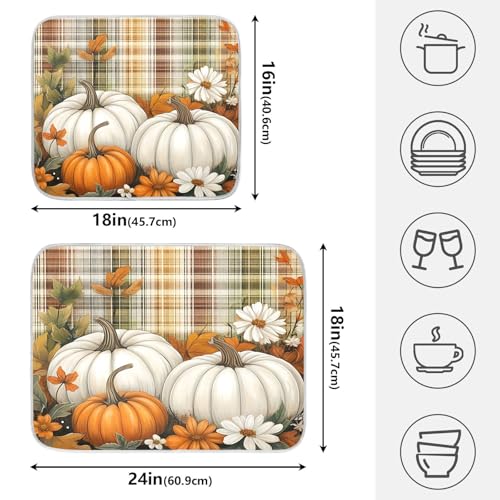 Autumn Fall Thanksgiving Dish Drying Mat for Kitchen Counter Absorbent Microfiber Orange White Pumpkin Large Drying Pad Dish Mats for Kitchen Countertops 18 x 24 Inch
