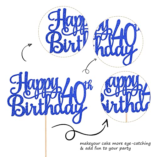 1 PCS Happy 40th Birthday Cake Topper Glitter Cheers to 40 Years Birthday Cake Pick 40 Fabulous Cake Decoration for Happy 40th Birthday Anniversary Party Decorations Supplies Blue