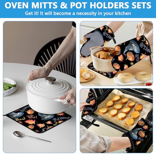 Halloween Pumpkin Autumn Maple Leave Oven Mitts and Pot Holders Sets Heat Resistant 4Pcs Potholders Oven Gloves Hot Pads for Kitchen Baking Cooking Grilling BBQ (4 Count)