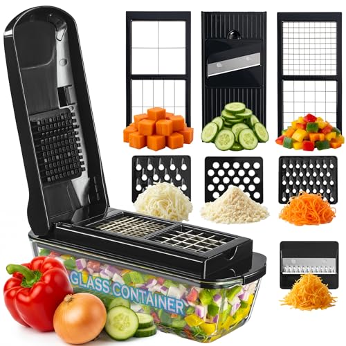 13-in-1 Vegetable Chopper Pro with Glass Container, Stainless Steel Blades, BPA-Free, Mandoline Slicer, Manual