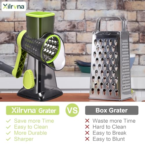 Rotary Cheese Grater with Handle Kitchen Shredder Slicer Grater Slicer Ice Shaver Cheese Vegetable Nuts Potato Zucchini Chocolate 3 Interchangeable Blades