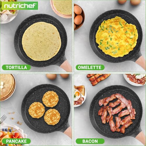 2-Pack Non-Stick Crepe Pan Set, 9.4" Marble Coated Dosa Pans with Wooden Spreaders, Bakelite and Wood Handles, Induction-Compatible, Dishwasher Safe, Even Heat Distribution, Black Marble (2 Count)