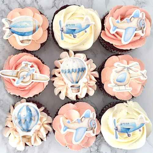 40Pcs Edible Watercolor Blue Airplanes Cupcake Toppers Edible Cartoon Hot Air Balloon Helicopter Cupcake Picks for Blue Boys Birthday Cupcake Decorations Airplane Baby Shower Cake Decorations (40 Count)