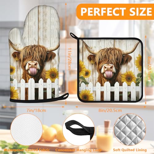 Sunflower Highland Cow Oven Mitts and Pot Holders Sets 4Pcs