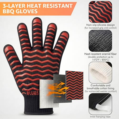 BBQ Gloves 1472°F Heat Resistant Oven Gloves with Fingers (9.6 Ounce)