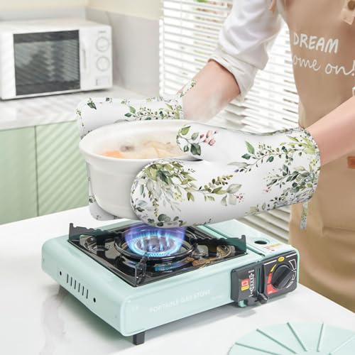 Sage Green Eucalyptus Oven Mitts and Pot Holders Sets Silicone Watercolor Butterfly Leaves Kitchen Mitts Potholders Heat Resistant 4Pcs Oven Gloves Hot Pads for Kitchen Baking Cooking (4 Count)