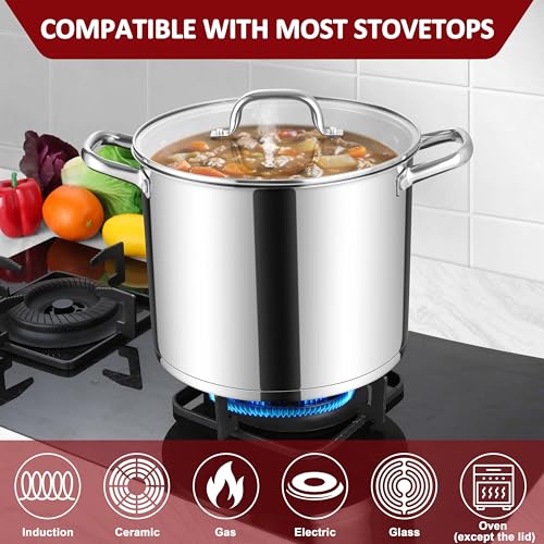 12-Quart 18/10 Stainless Steel Stock Pot with Lid, Large Heavy Duty Soup Pot Compatible with Electric, Gas, Induction and Various Cooktops, Dishwasher Safe