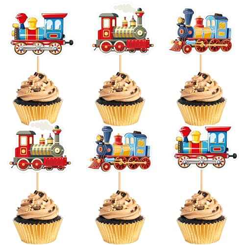 24Pcs Transportation Trains Cupcake Toppers Cartoon Vintage Locomotiv Cupcake Picks for Retro Train Boys Girls Funny Birthday Party Baby Shower Cupcake Decorations Train Transportation Party Decors (24 Count)