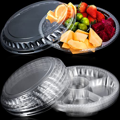 12 Pack Round Plastic Veggie Tray with Lid Fruit Tray 6 Divided Compartment Container Food Serving Dip Platter Reusable Catering Trays for Veggie Fruit Snack Party and Buffet Trays（Clear (12 Count)
