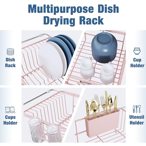 Pink Dish Drying Rack in Sink with Drainboard and Utensil Holder