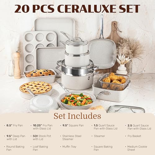 Ceraluxe 20Pc Pots and Pans Set Non Stick Ceramic Cookware Set
