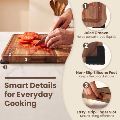 Large Acacia Wood Cutting Board Set for Kitchen with Storage Stand (7 Count)