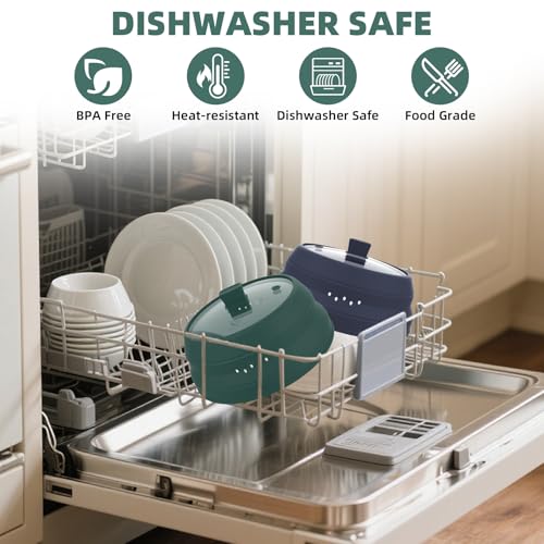 Tall Microwave Splatter Cover Glass Cover Guard Lid 6 inch Height with Collapsible Silicone for Food Pot Plate 12.5 inch Dark Green