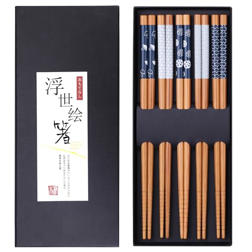 5 Pairs Bamboo Chopsticks Reusable Chop Sticks Japanese Style Bamboo Chopstick with Black Box Lightweight 8.8 Inch