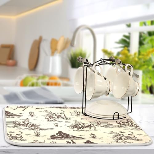 West Cactus Cowboy Dish Drying Mat for Kitchen Counter Absorbent Microfiber Drying Pad