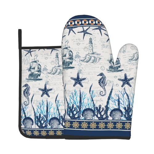 Nautical Sailboat Oven Mitts and Pot Holder Set of 2 Ocean Starfish Heat Resistant Oven Glove Washable Potholder for Kitchen Cooking Baking