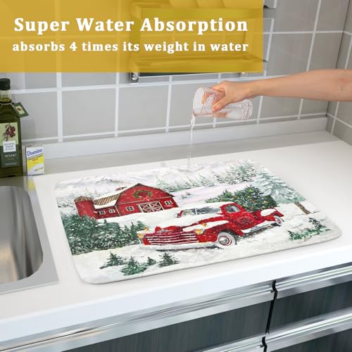Winter Red Truck Dish Drying Mat Christmas Tree Dishes Pad 18x24 Inch Dish Drainer Rack Mats Absorbent Fast Dry Kitchen Holiday Accessories