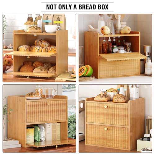 Rustic Bread Box for Kitchen Countertop Bamboo Bread Storage Container Bin Double Layer BreadBox Farmhouse Large Capacity Food Organizer