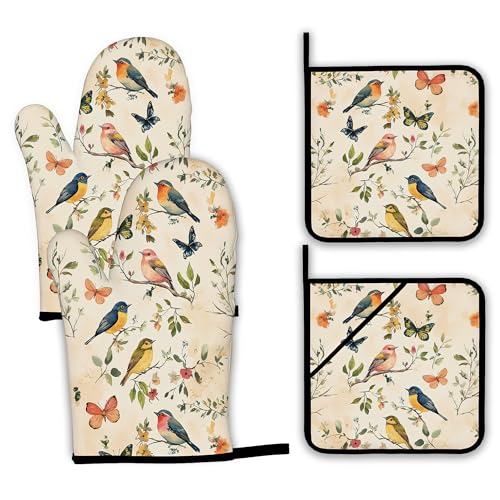 Vintage Butterfly Bird Oven Mitts and Pot Holders Set (4 Count)