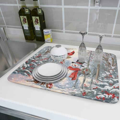 Winter Snowman Dish Drying Mat for Kitchen Counter Red Bird Berry Dishes Drainer Mats Holiday Microfiber Absorbent Dish Rack Pad 18x24 Inch