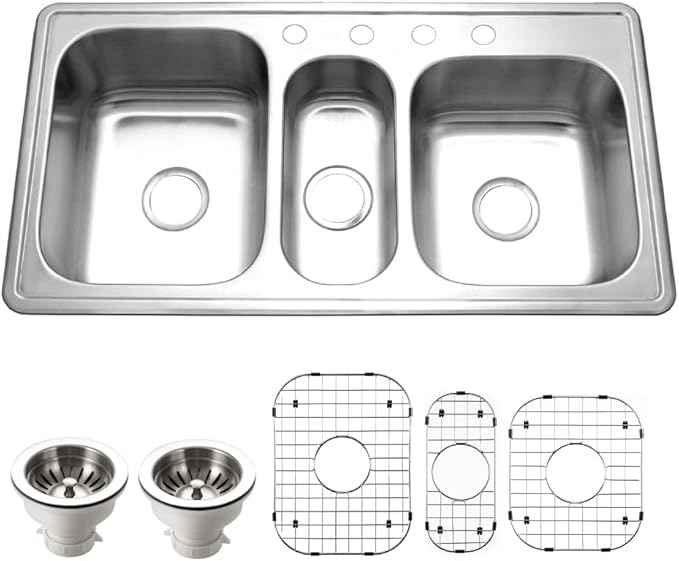 Houzer Premier Stainless Steel Kitchen Sink: 41 Inch Drop-In Topmount 4-Hole Single Bowl Sink with Strainer & Grid, Durable & Versatile, Essential for Home & Apartment: PGT-4322-C