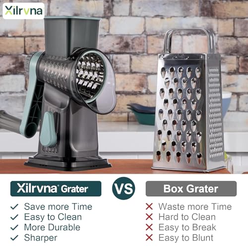 Rotary Cheese Grater with Handle Kitchen Shredder Slicer Grater Slicer Ice Shaver Cheese Vegetable Nuts Potato Zucchini Chocolate 3 Interchangeable Blades