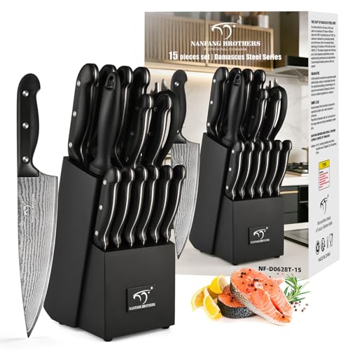 15 Piece Damascus Kitchen Knife Set with Compact Block (15 Count)