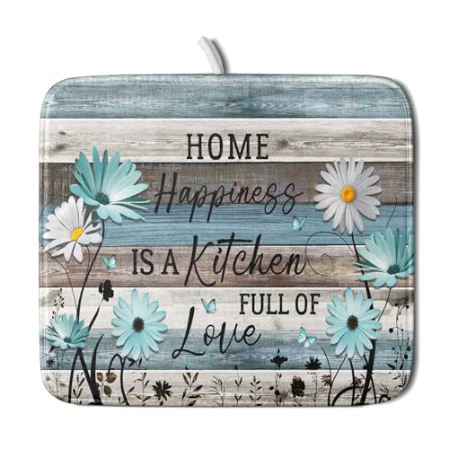 Daisy Floral Dish Drying Mat 16x18 Inches Rustic Wood Microfiber Absorbent Reversible Dish Draining Pad Fast Dry Kitchen Accessories