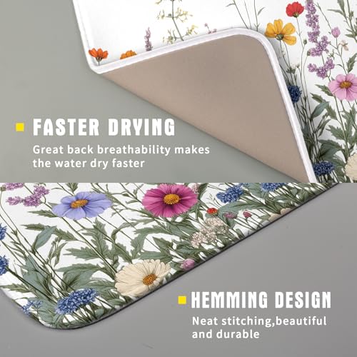 Flower Herbs Dish Drying Mat Botanical Plant Dishes Drainer Mat 16x18 inch Reversible Microfiber Drying Dish Pad for Kitchen Counter Decor