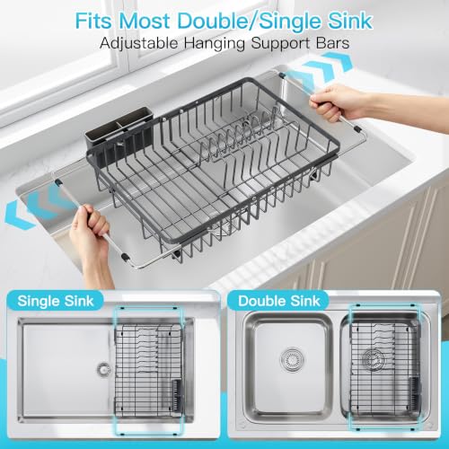 Gray Dish Drying Rack Over the Sink with Utensil Holder