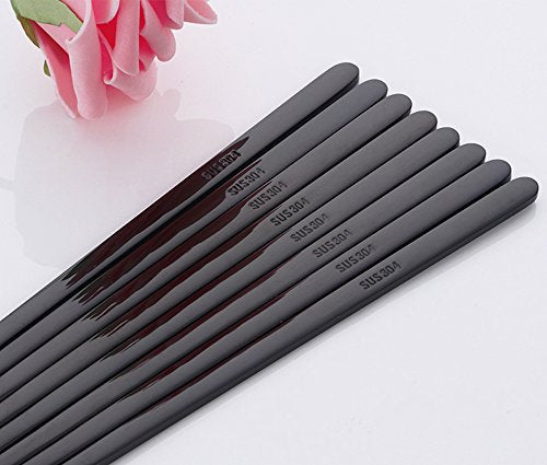 5 Pairs Black Flat Reusable Metal Chopsticks (5 Count)