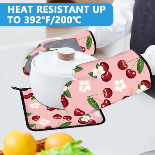 Cherry Oven Mitts and Pot Holders Sets Heat Resistant 4Pcs White Flower Potholders Oven Gloves Hot Pads for Kitchen Baking Cooking Grilling BBQ (4 Count)