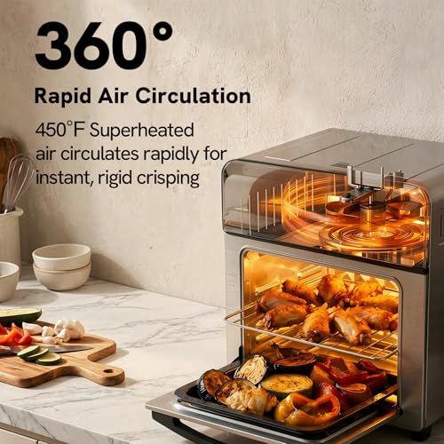 6-in-1 Retro Air Fryer Toaster Oven Combo, Compact 12.7 QT Small Countertop Convection Oven, Fits 9" Pizza & 4 Toast, Hexagon Hybrid Heating, Enamel Baking Pan Included, Pink Color