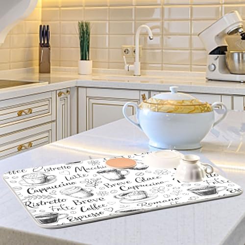 Coffee Cups Print Dish Drying Mat for Kitchen Counter Absorbent Microfiber Drying Pad
