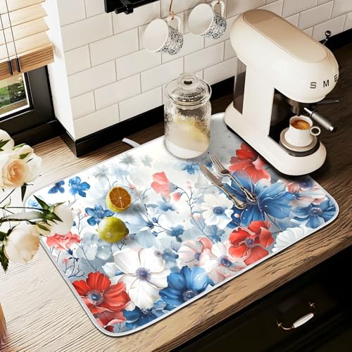 4th of July Patriotic Blue Red White Flowers Dish Drying Mat for Kitchen Ccounter Absorbent Microfiber Small Independence Day Drying Pad Dish Mats for Kitchen Countertops 16 x 18 Inch