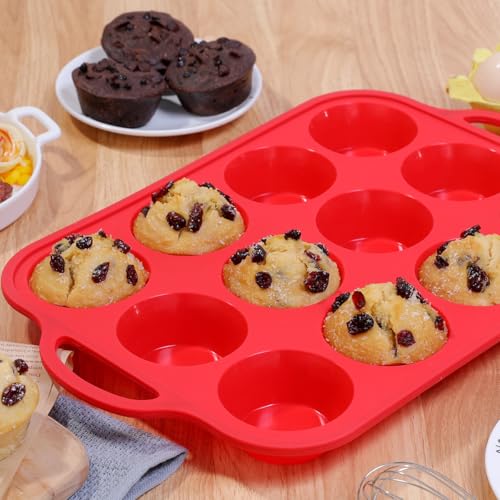 Silicone Muffin Pan with Metal Reinforced Frame Regular Size Muffin Pan with Handle Easy to Move 12 Cups for Baking Nonstick Muffin Tin BPA Free 1 Pack Red