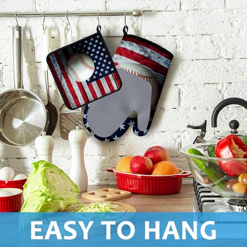 American Flag Baseball Oven Mitts and Pot Holders Sets Heat Resistant 4Pcs Potholders Oven Gloves Hot Pads for Kitchen Baking Cooking Grilling BBQ (4 Count)