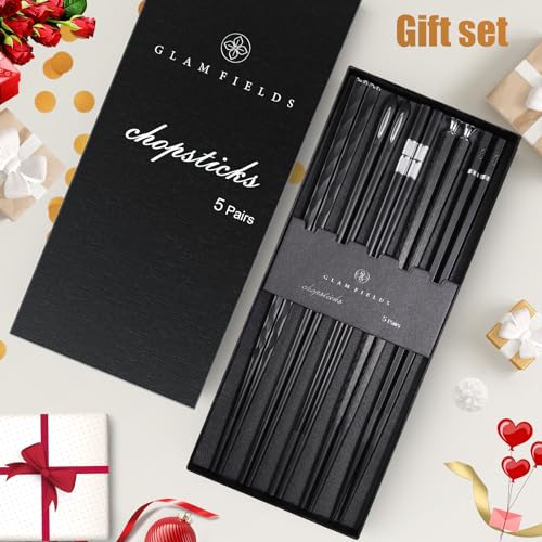5 Pairs Premium Chopsticks Reusable Dishwasher Safe 9.5 Inch Fiberglass Chop Sticks Gift Set Non Slip Black + Silver