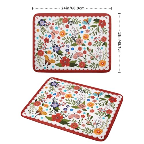 Large Microfiber Dish Drying Mat Red Floral Absorbent Drying Pad for Kitchen Counter